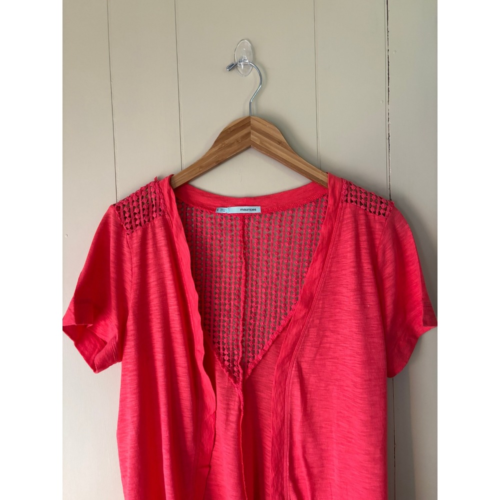 Maurices Pink Crochet Lace Back Open Front Short Sleeve Cardigan Top Medium